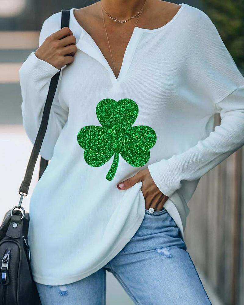 

St.Patrick's Day Clover Print V Neck Long Sleeve T-Shirt, White