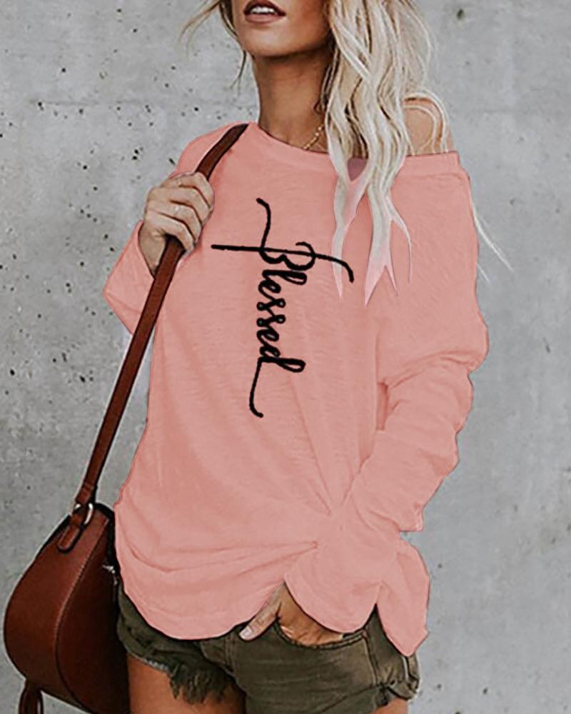 

Letter Print Long Sleeve Casual T-Shirt, Pink