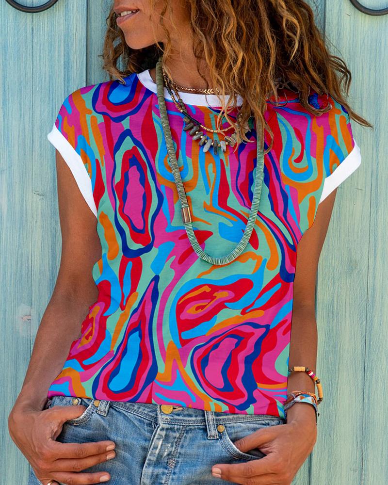 

Multi-Color Abstract Print Cap Sleeve T-shirt, Hot pink