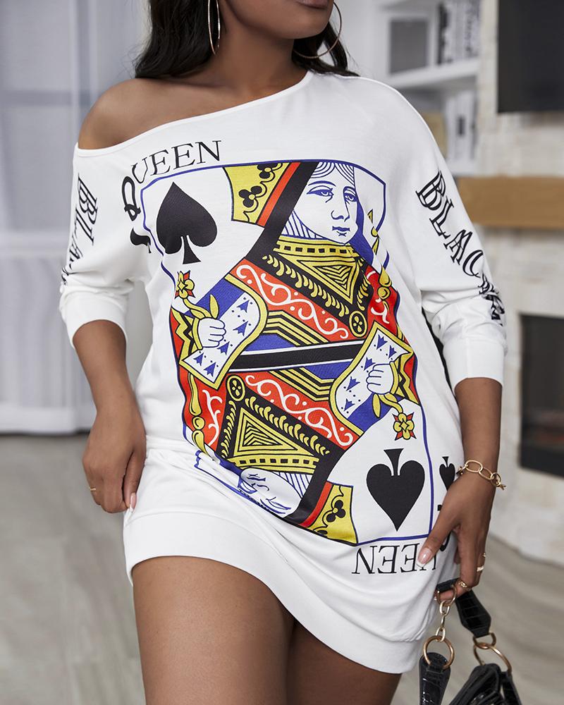 Poker Letter Print Long Sleeve Casual Dress