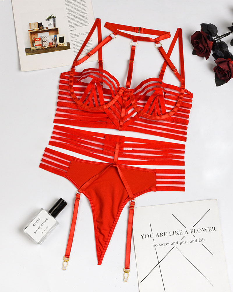 

Halter O-Ring Lace Garter Lingerie Set, Red