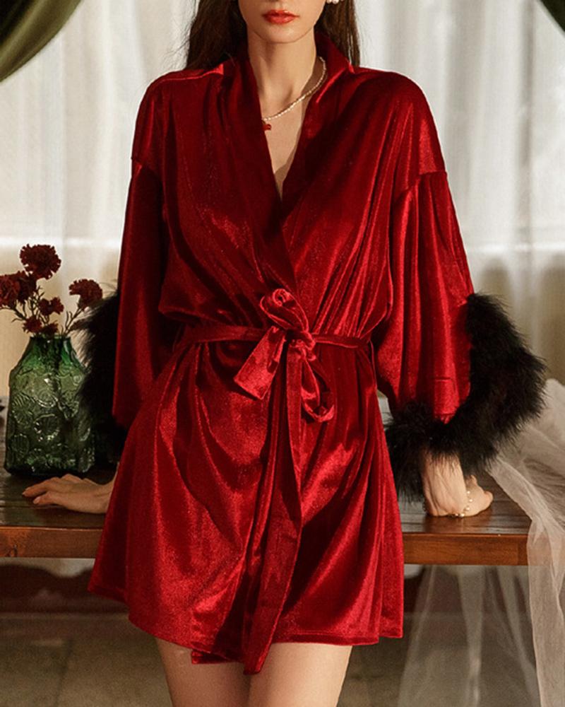 

Feather Detail Ruched Long Sleeve Robe, Red