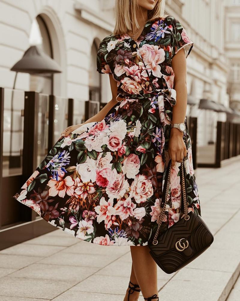 

Floral Print Short Sleeve Loose Midi Dress, Black