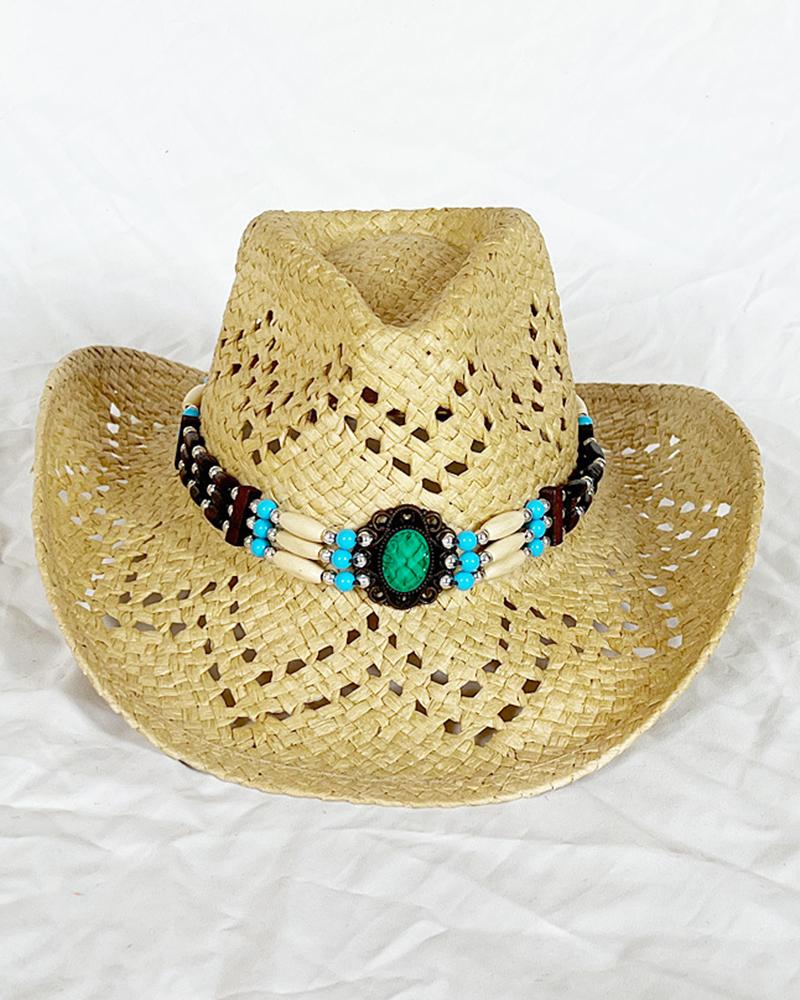 

Turquoise Tape Wide Brim Cowboy Straw Hat, Beige