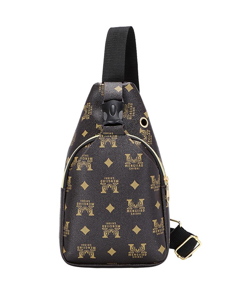 

Graphic Plaid Print Zipper Design Shoulder Bag, Coffee
