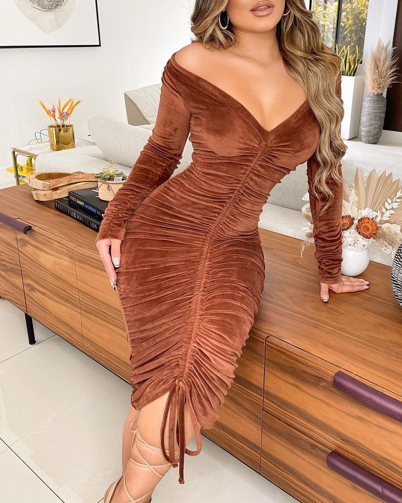 

Long Sleeve Ruched Drawstring Velvet Party Dress, Brown