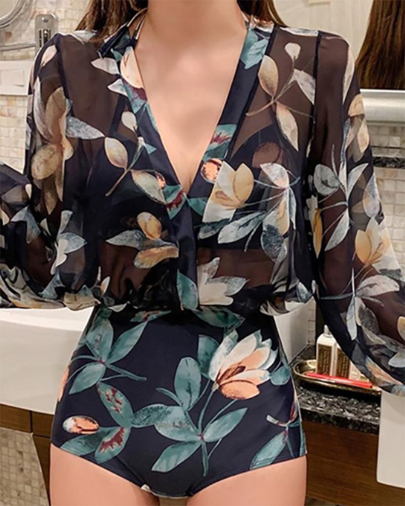 

Floral Print Mesh Long Sleeve One-Piece Bikini Sets, Style2
