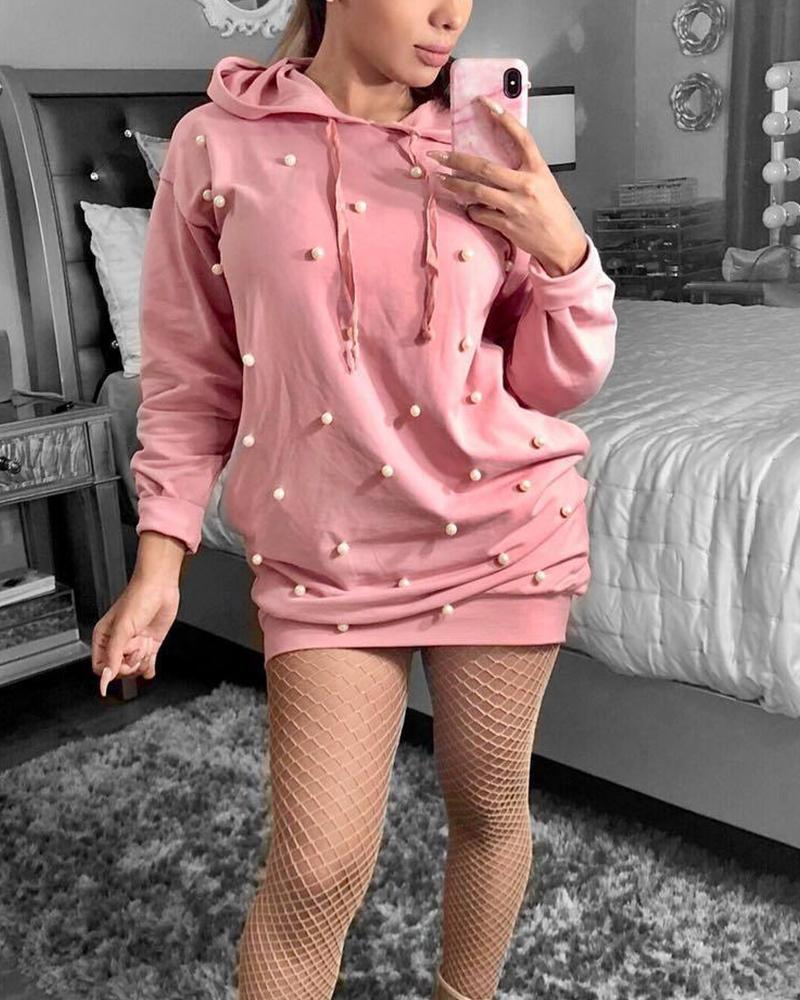 

Beaded Long Sleeve Hooded Mini Dress, Pink