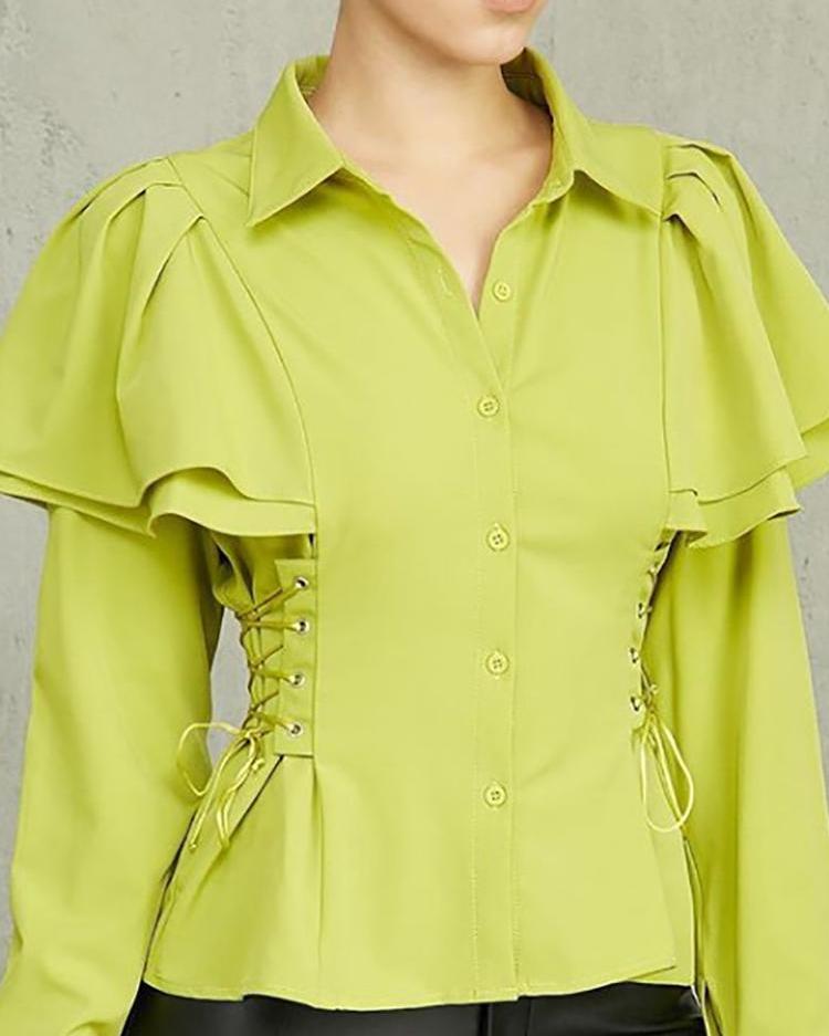 

Side Eyelet Lace-Up Ruffles Shirt, Green