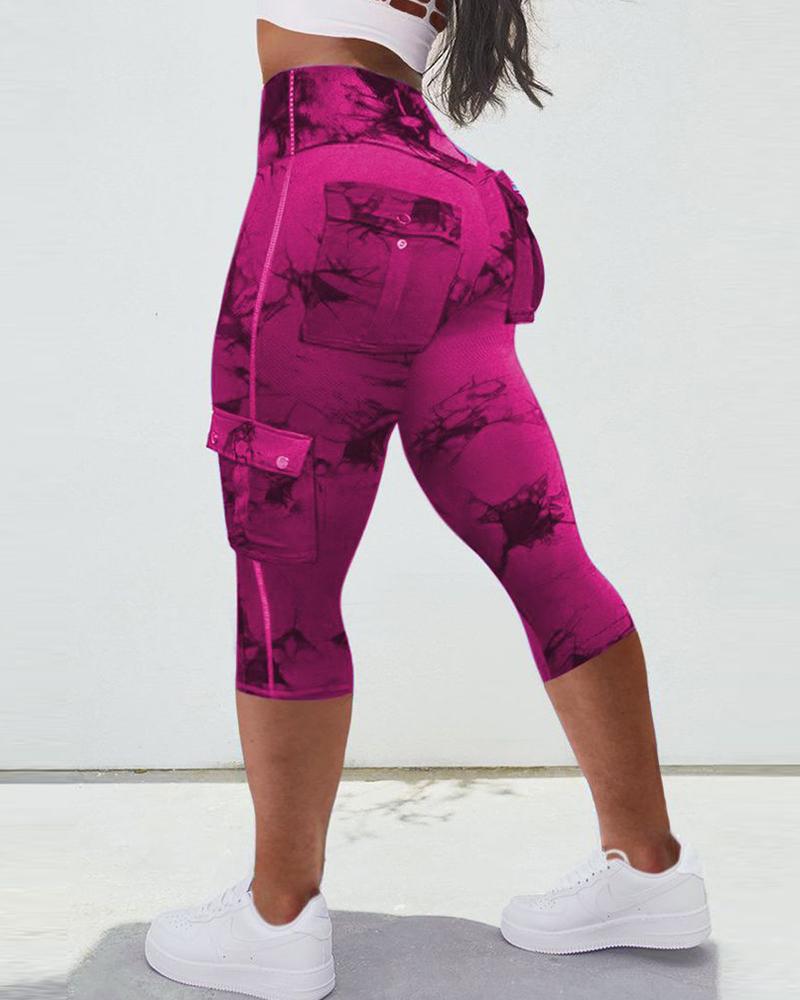 

Tie Dye Print Pocket Design Capris Sports Leggings, Hot pink