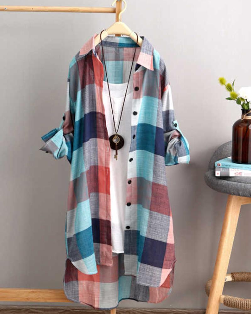 

Gingham Button Down Tunic Shirt, Multicolor