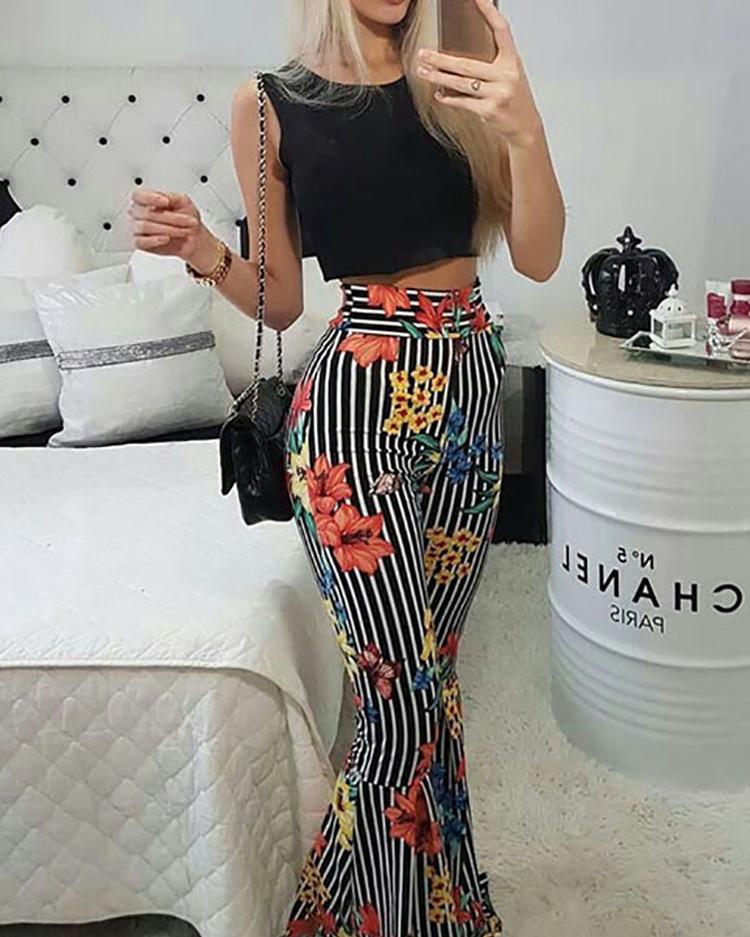 

Striped Floral Flared Pants With Crop Top Set, Black