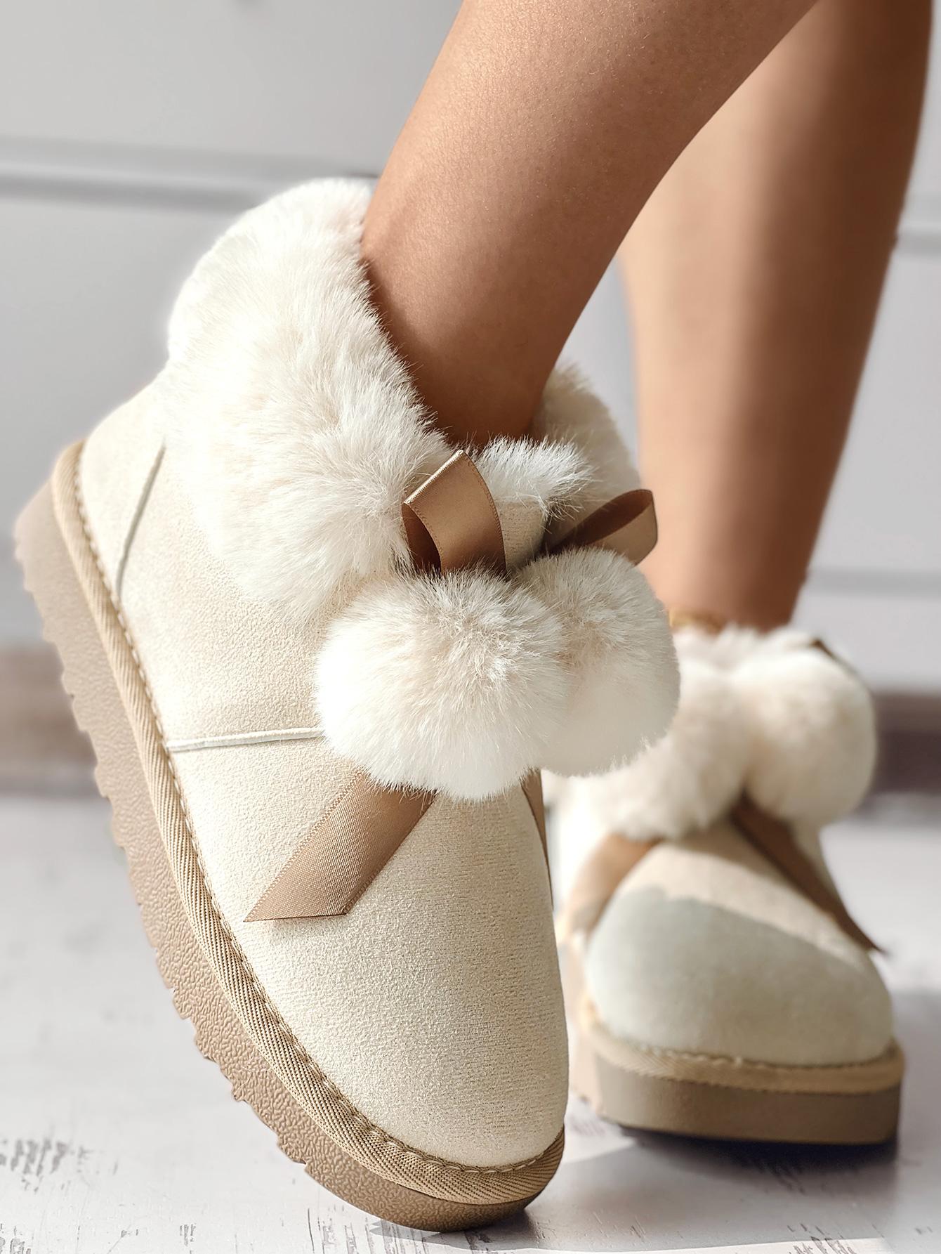 

Fuzzy Trim Lined Pom Pom Snow Boots, Beige