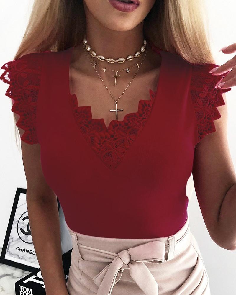 

Women Fashion Sleeveless Lace Stitching Top, Wine red