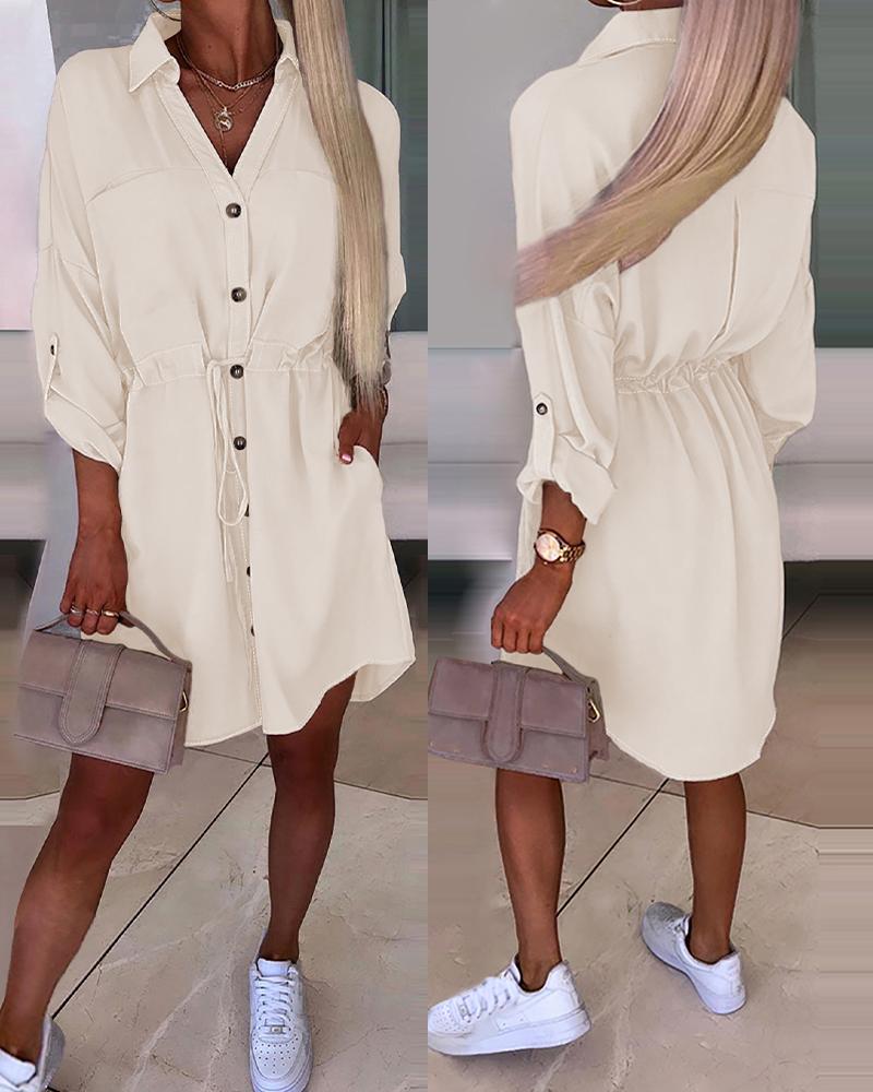 

Roll Up Sleeve Buttoned Shirt Dress, Apricot