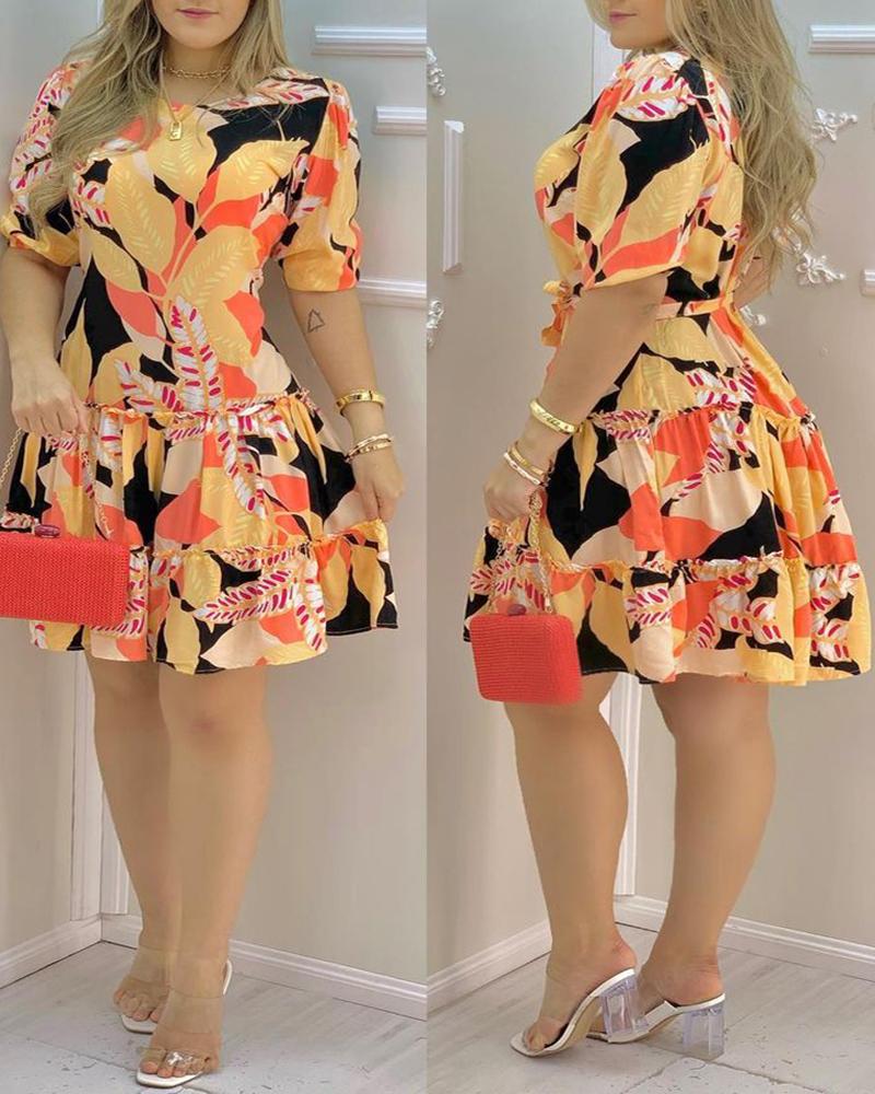 

Tropical Print Round Neck Short Sleeve Dress, Black