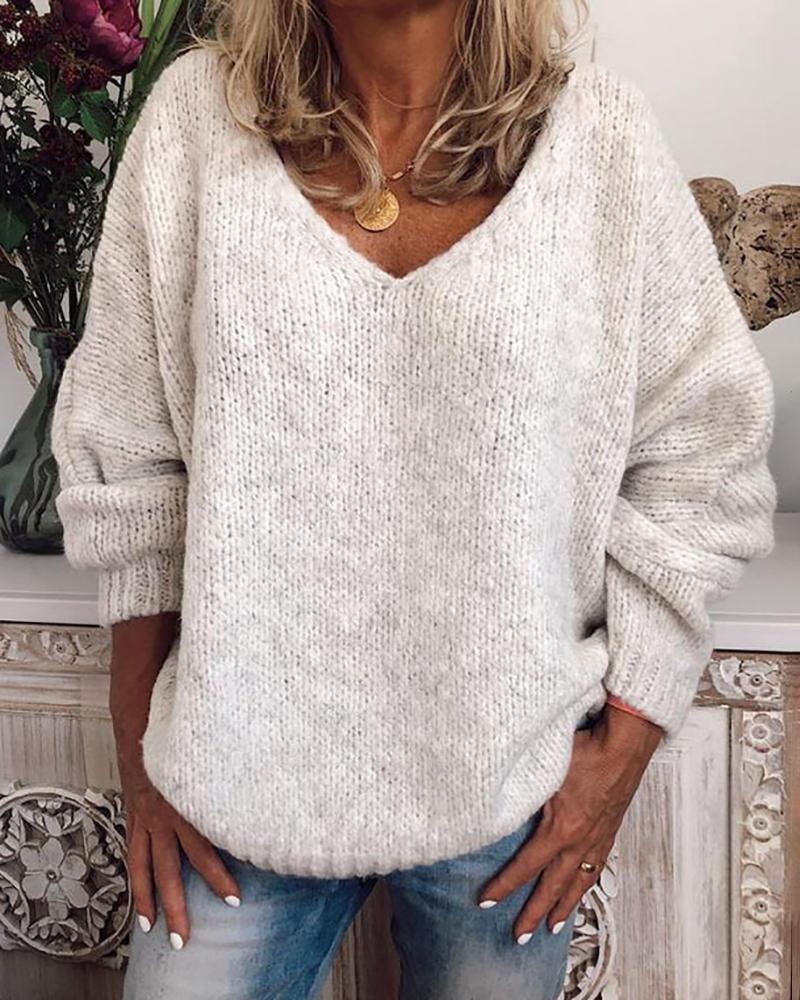 

Long Sleeve V-Neck Drop Shoulder Sweater, White