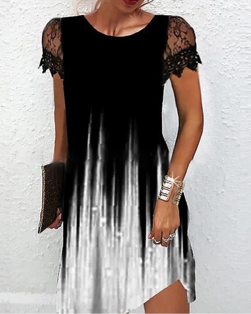 

Colorblock Contrast Lace Casual Dress, Black