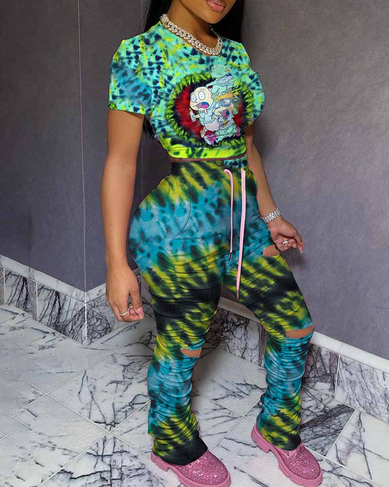 

Tie Dye Print Top & Cutout Pants Set, Green