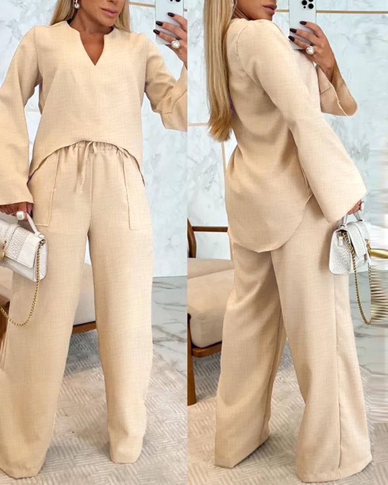 

2 Piece Notch Neck Long Sleeve Asymmetrical Hem Tops Stretchy Waist Straight Leg Pants Lounge Sets Tracksuit, Apricot