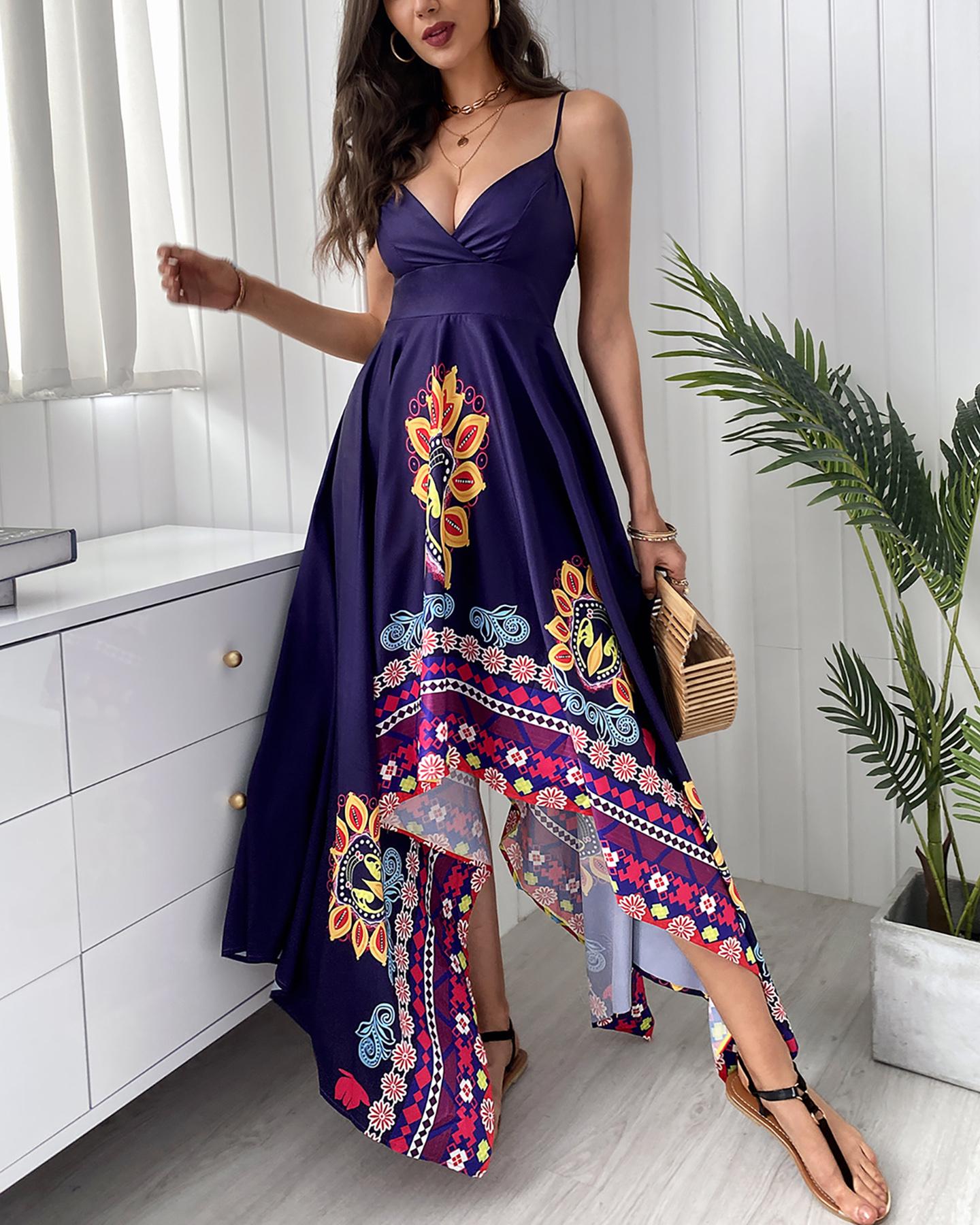 

Floral Print Plunge Cami Asymmetrical Dress, Purplish blue
