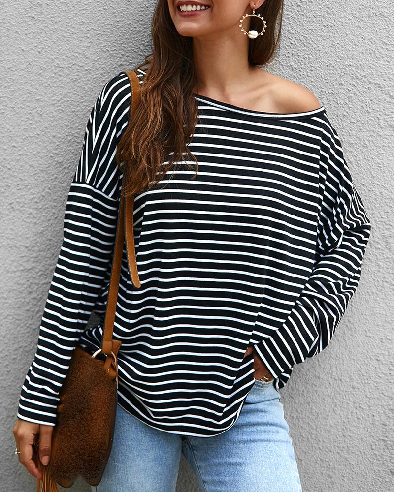 

Long Sleeve Striped Round Neck Casual Top, Black