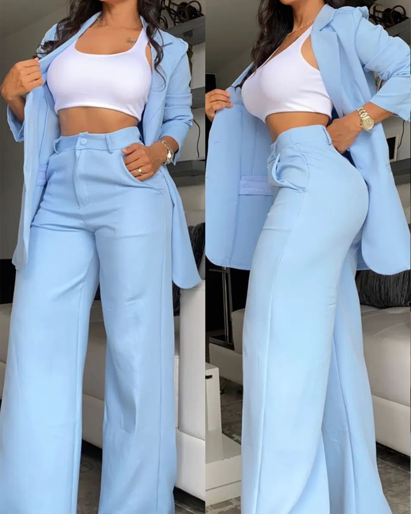 

Notched Collar Blazer Coat & Pocket Design Pants Set, Blue