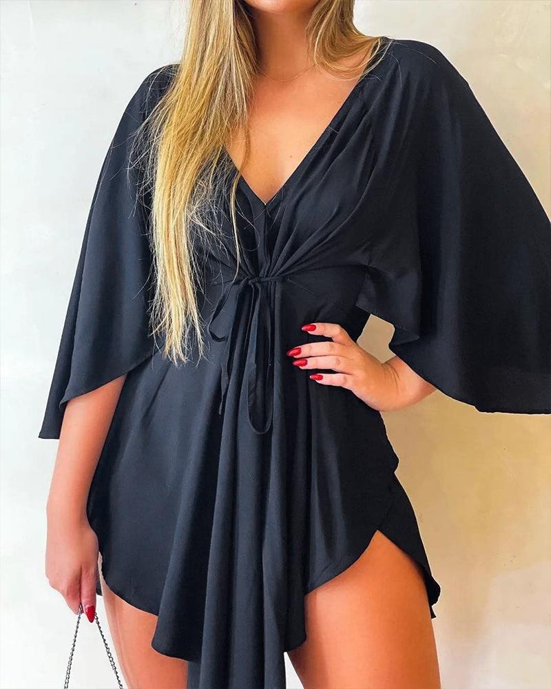 

Batwing Sleeve Tied Detail Asymmetrical Casual Dress, Black