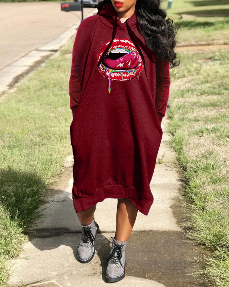 

Lip Print Split Hem Drawstring Hooded Sweatshirt Dress, Wine red
