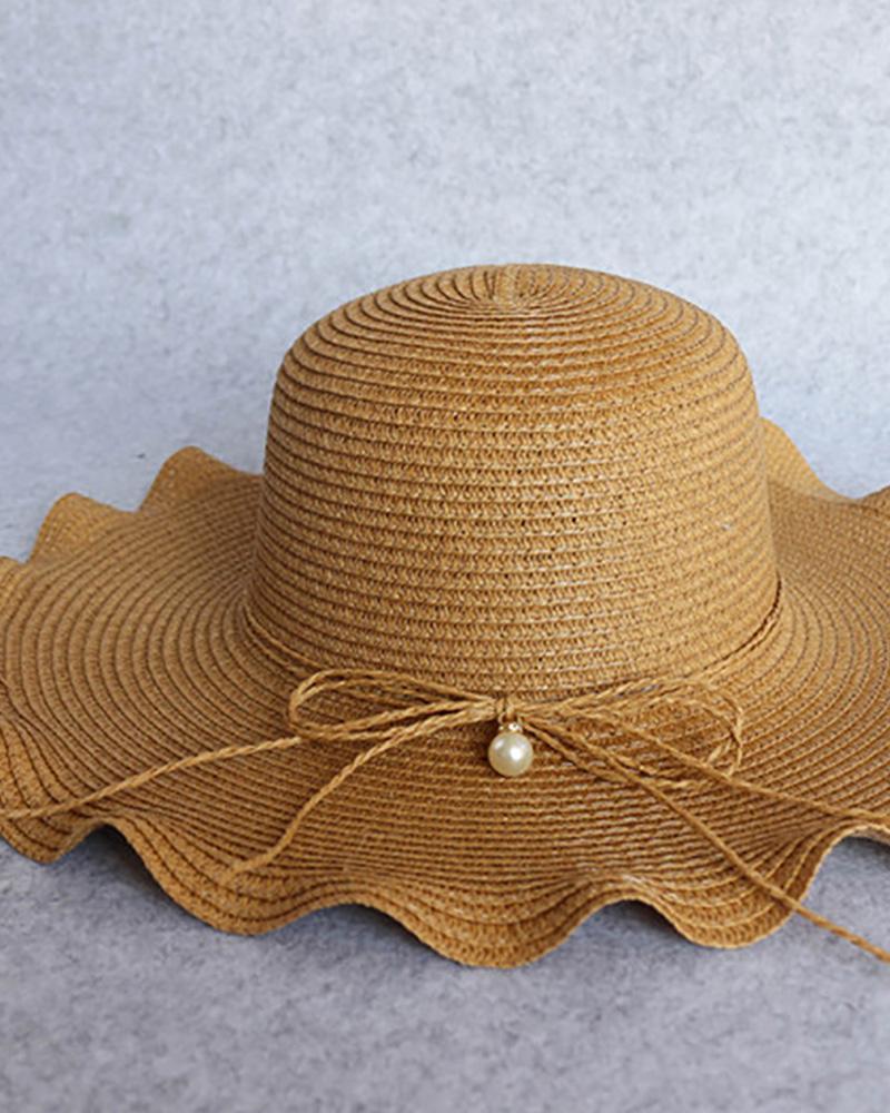 

Ruffles Wide Brim Beaded Decor Straw Hat, Khaki