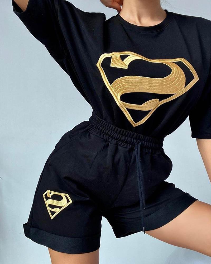 

Short Sleeve Embroidery Top & Drawstring Shorts Set, Black