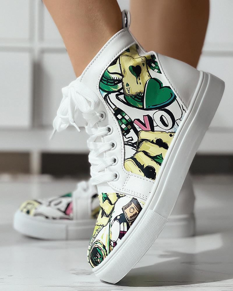 

Lace-up Painted Canvas Ankle Boots, White&green