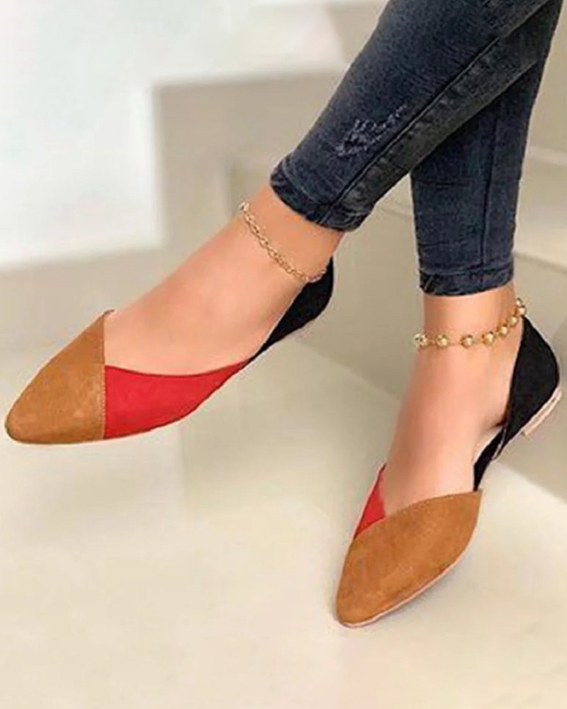 

Colorblock Pointed Toe Velvet Slip On Flat Shoes, Red&brown
