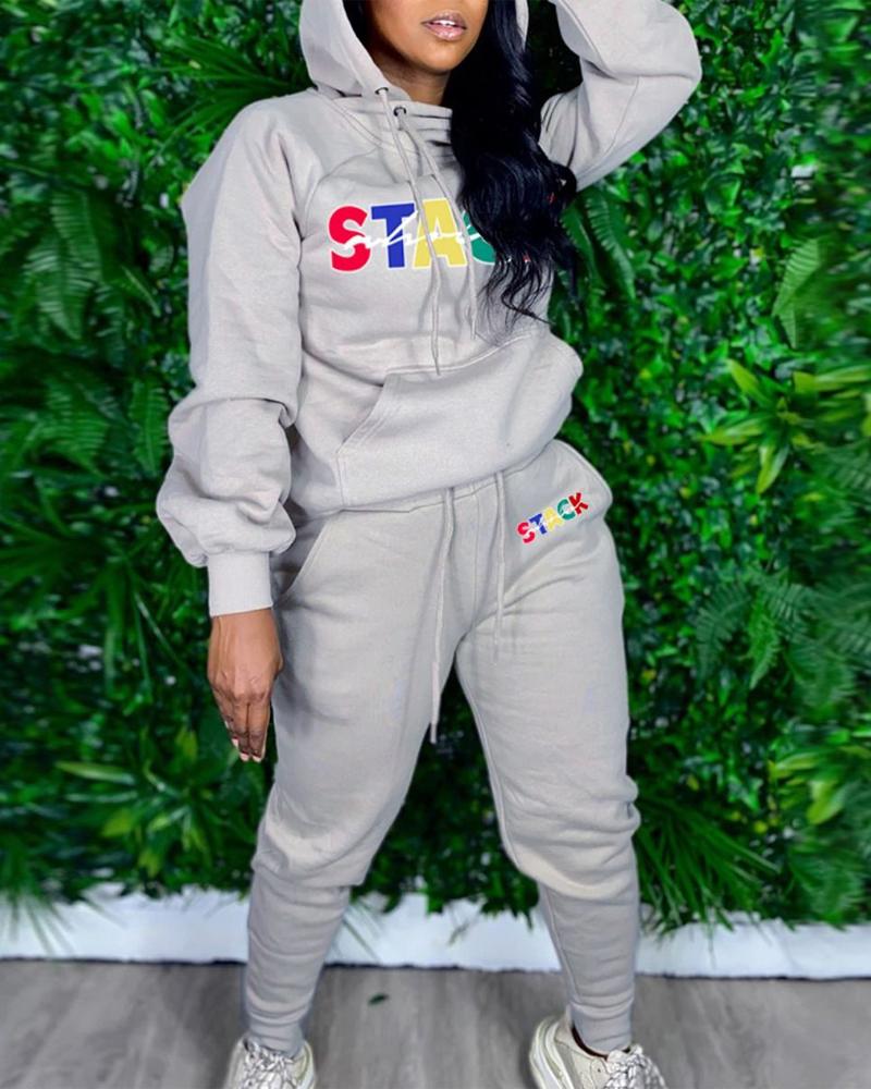 

Plus Size Letter Print Long Sleeve Hoodie & Pants Set, Gray