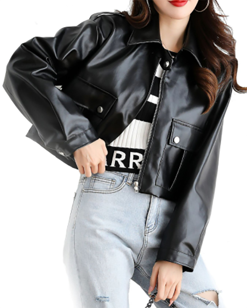 

Long Sleeve PU Leather Zipper Pocket Design Jacket, Black