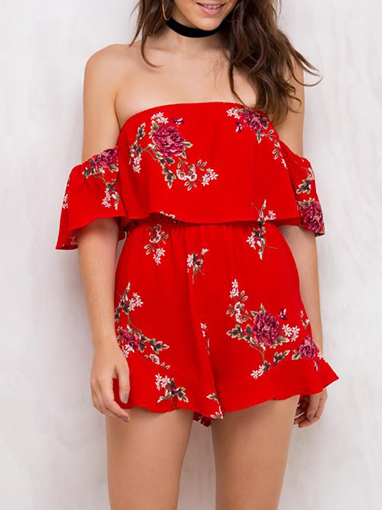 Ruffled Off Shoulder Open Back Casual Romper
