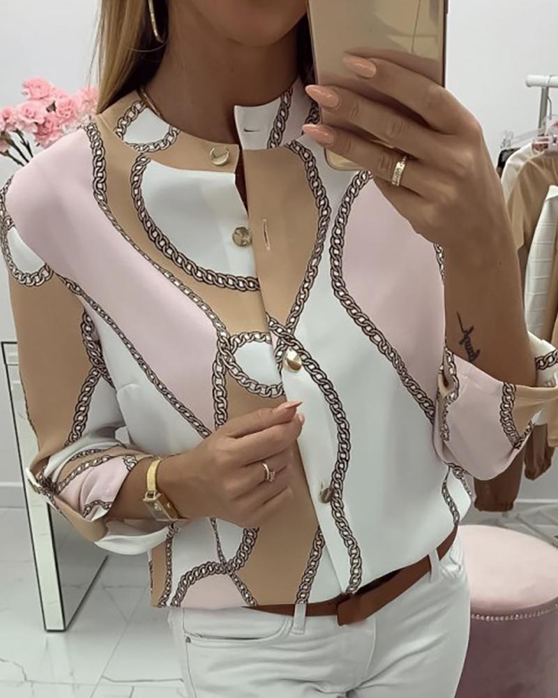 

Chain Print Colorblock Buttoned Top, Multicolor