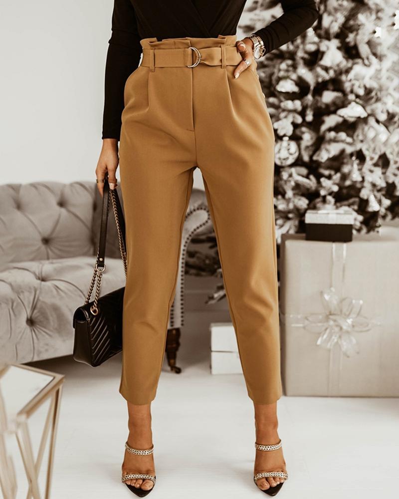 

High Waist Pocket Design Pants With Belt, Khaki
