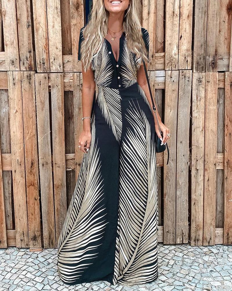 

Tropical Print Button Front Wide Leg Jumpsuit, Black