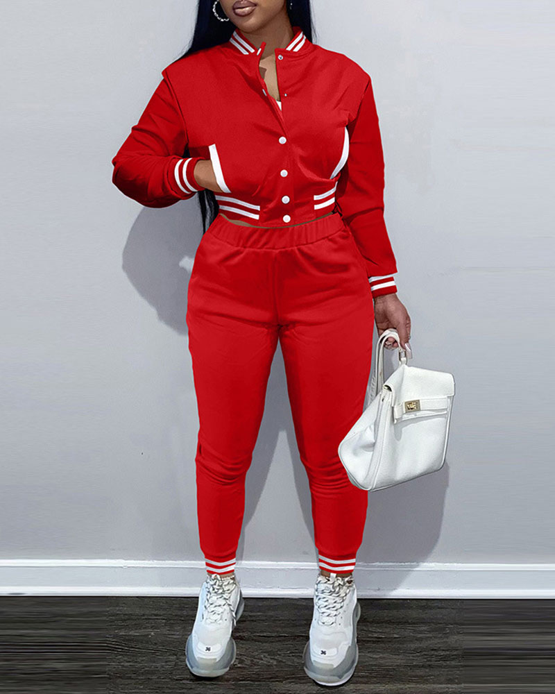 

Striped Trim Button Front Bomber Jacket & Pants Set, Red