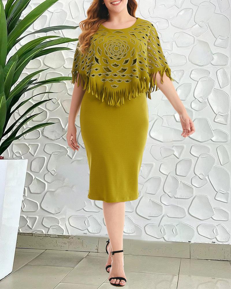 

Plus Size Rhinestone Hollow Out Cloak Design Midi Dress, Yellow