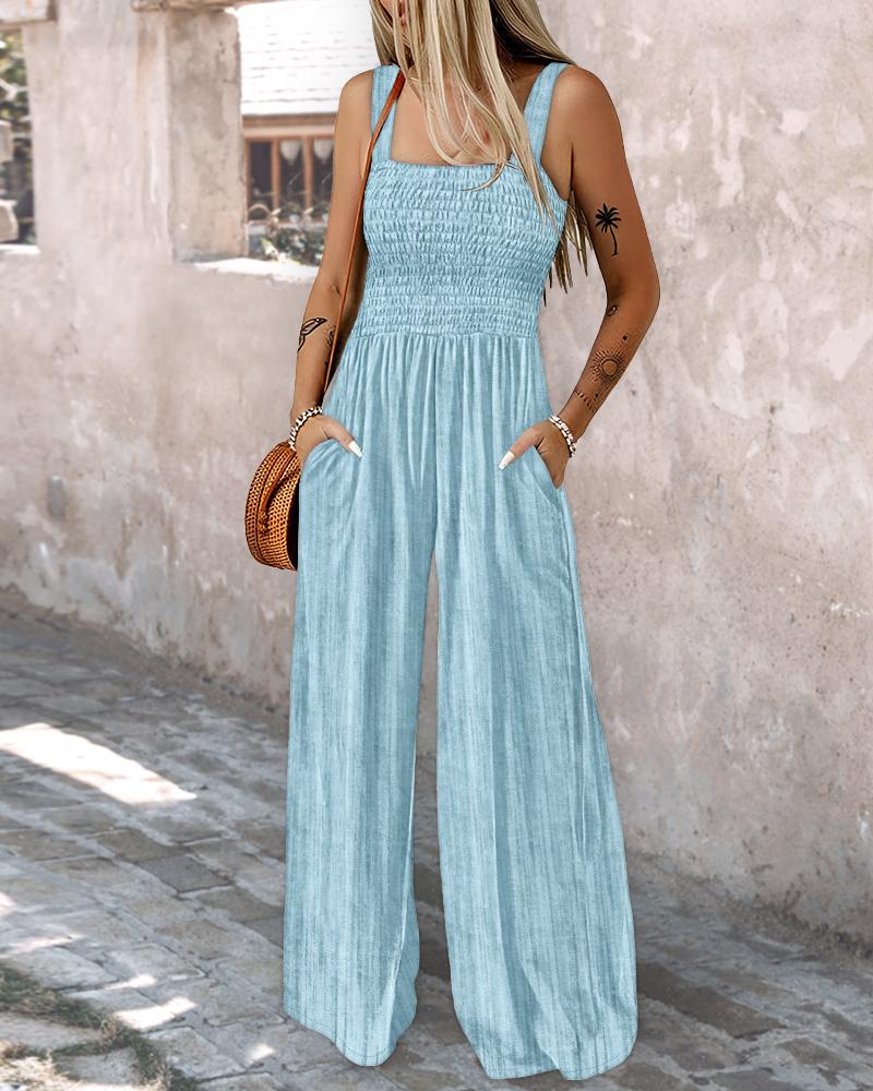 

Tie Dye Print Square Neck Thick Strap Shirred Wide Leg Jumpsuit Casual Overalls with Pockets, Blue