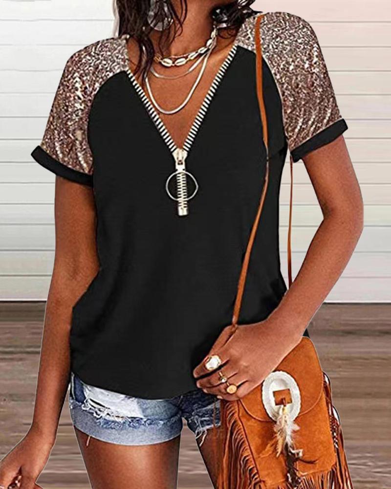 

Contrast Sequin Zip Front T-shirt, Black