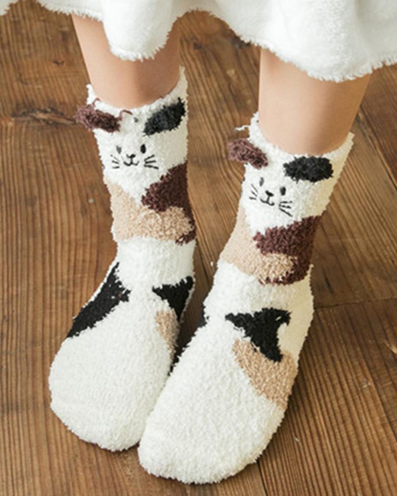 

1Pair Winter Fluffy Slipper Socks 3D Cartoon Animal Ears Fuzzy Hosiery, White
