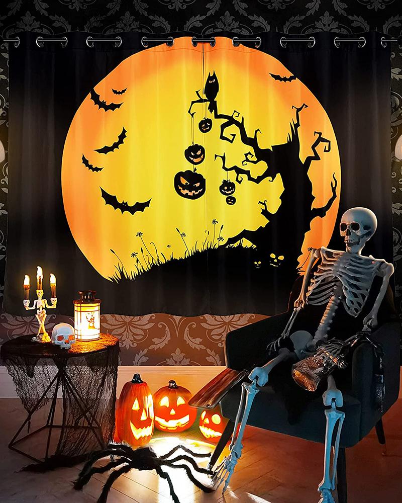 

Halloween Window Curtain Panels Pumpkin Bats Owls Scary Halloween Party for Living Room Bedroom Decorations with Grommet, Yellow