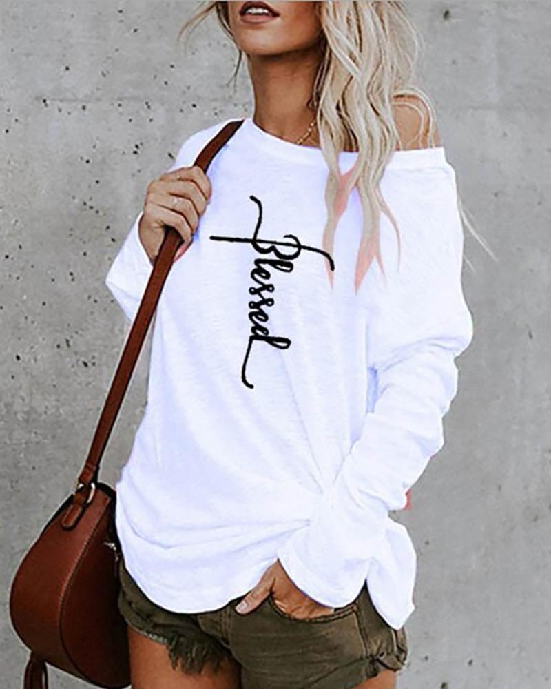

Letter Print Long Sleeve Casual Top, White