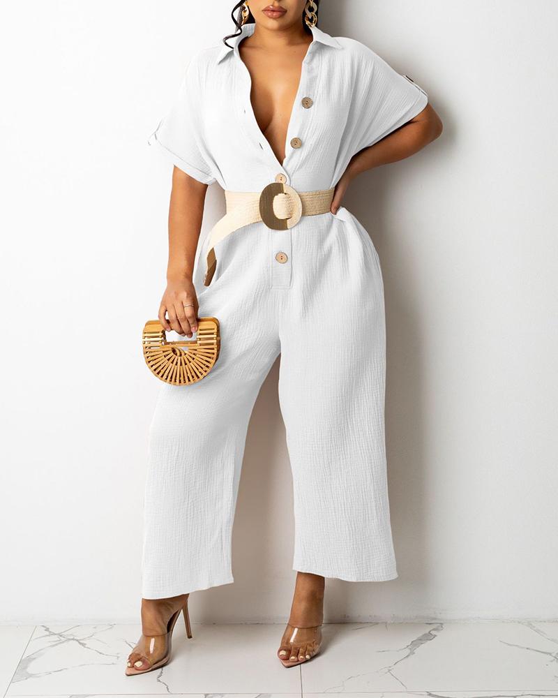 

Solid Button Front Roll Hem Cropped Jumpsuit, White