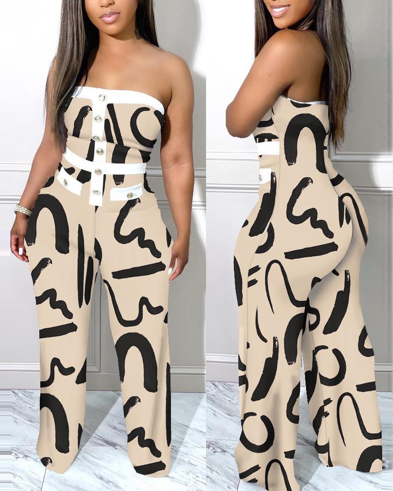 

Abstract Print Button Decor Tube Jumpsuit, Apricot