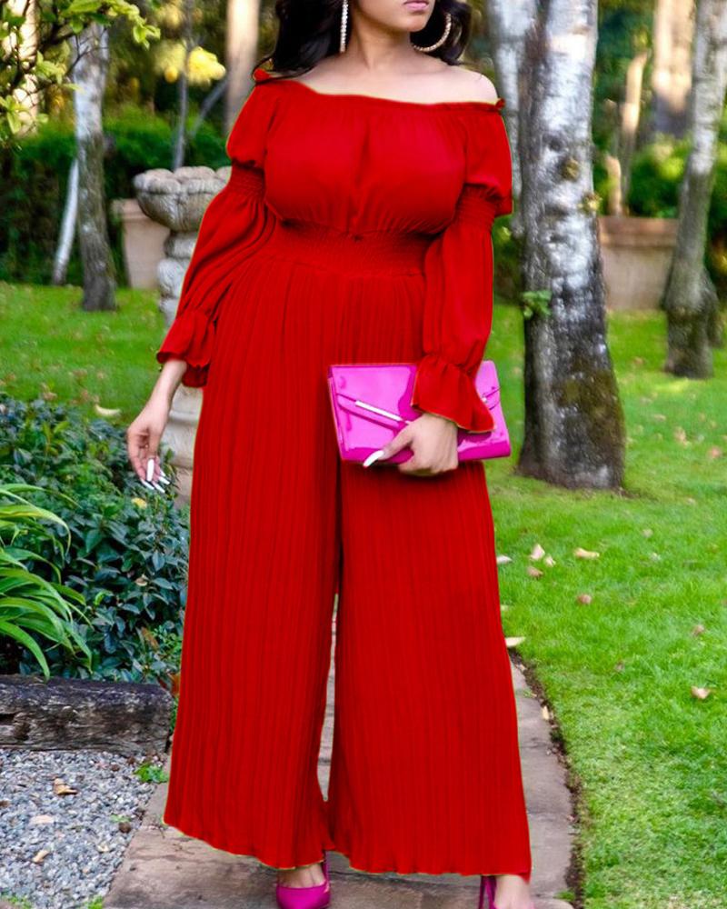 

Plus Size Off Shoulder Shirred Pleated Wide Leg Jumpsuit, Red