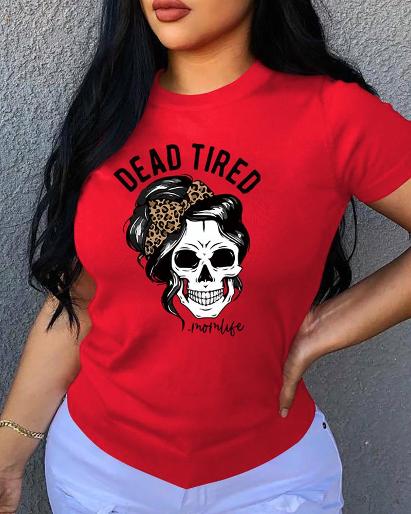 

Letter / Graphic Print O Neck Short Sleeve T-Shirt, Red